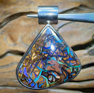 Sterling Silver - SOLID Australian Tribal Pattern Boulder Opal Pendant Hand Made