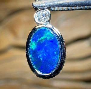 14k White Gold - Queensland Boulder Doublet Opal Pendant with Diamond - Opal Whisperers