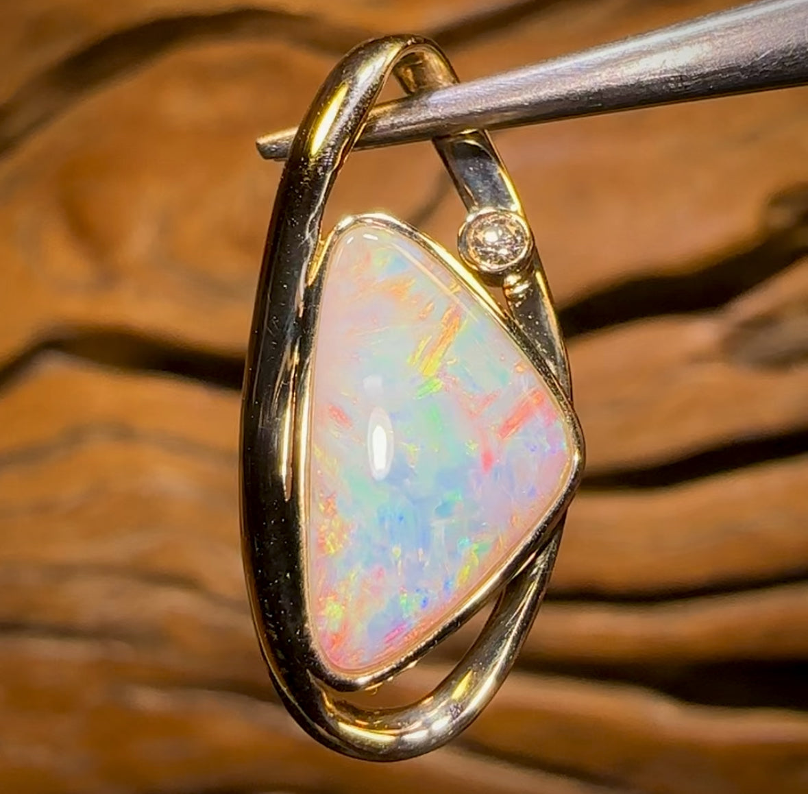 14k Gold - Top Quality Solid South Australian Crystal Opal Pendant with Red