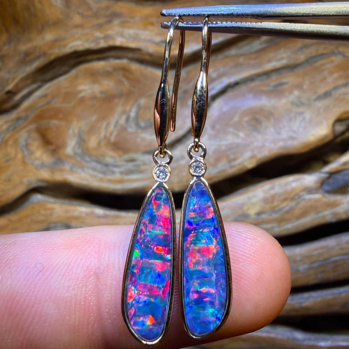 14k Gold - Australian Boulder Opal Doublet and Diamond Hook Earrings