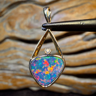 14k Gold - Queensland Boulder Opal Doublet and Diamond Pendant Red
