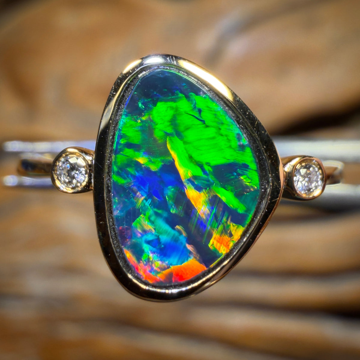 14k Gold - Queensland Boulder Opal Doublet Ring Top Multicolour