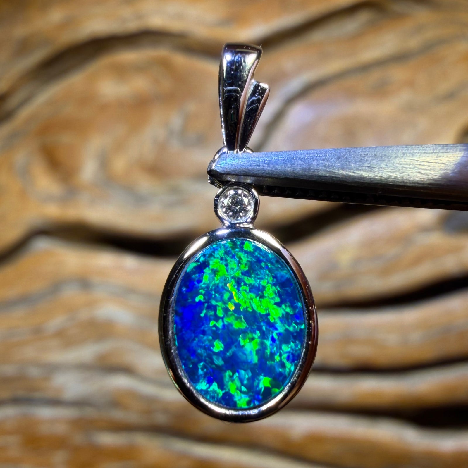 14k White Gold - Queensland Boulder Opal Doublet & Diamond Pendant