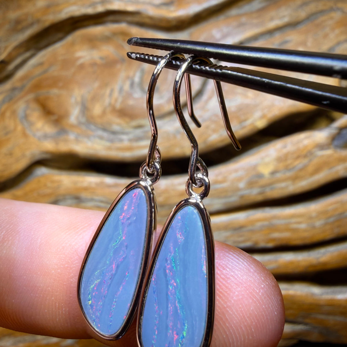 Sterling Silver - Large Australian Boulder Opal Doublet Hook Earrings Red / Multi. BULK LISTING