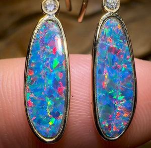 14k Gold - Australian Boulder Opal Doublet and Diamond Hook Earrings - Opal Whisperers