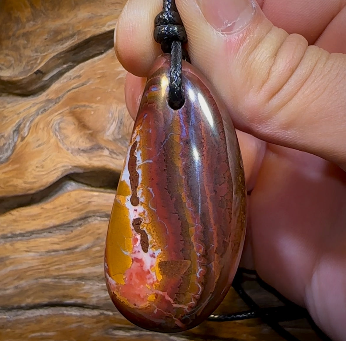 53 x 26mm - Drilled Boulder Opal Pendant w/ Eco Friendly Vegan Cord Cool Pattern Great Polish