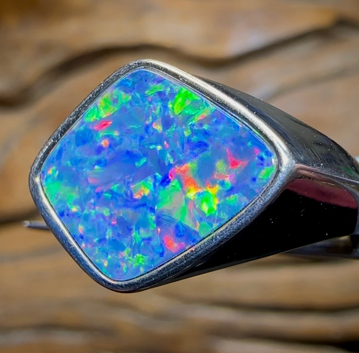 Sterling Silver - Large Unisex Queensland Boulder Opal Doublet Ring - Opal Whisperers
