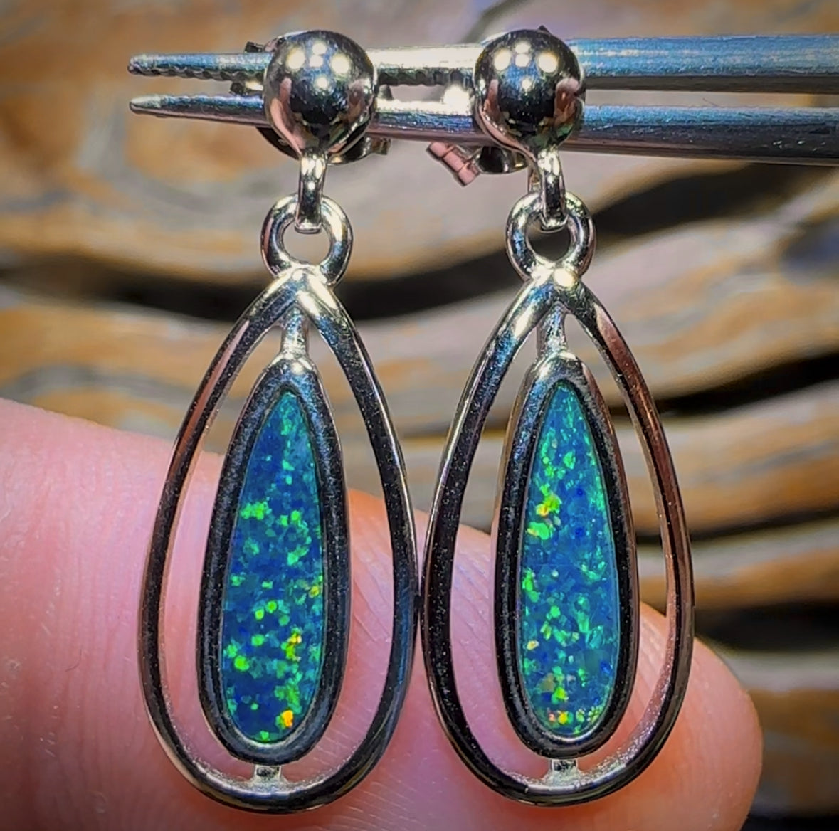 Sterling Silver - Top Australian Boulder Opal Doublet Drop Stud Earrings