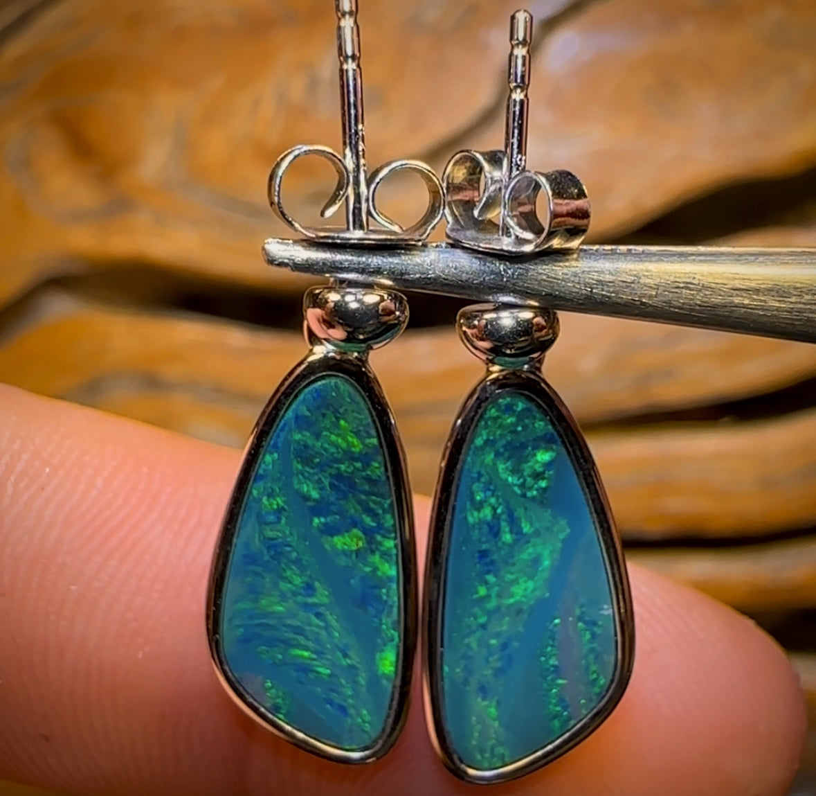 Sterling Silver - Large Australian Boulder Opal Doublet Drop Stud Earrings