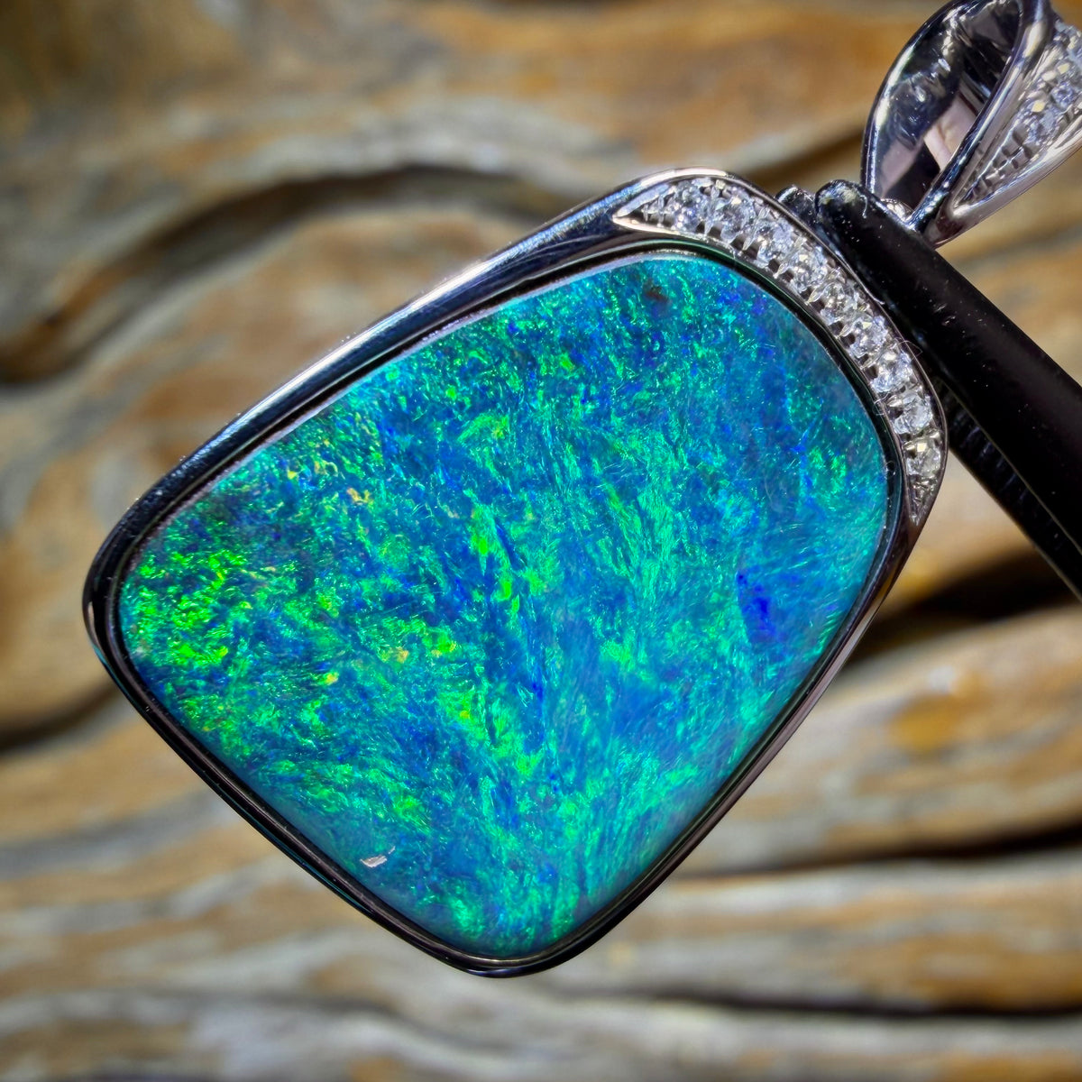 TGIF 10k White Gold - Solid Top Scandinavian Aka Ice Blue, Queensland Boulder Opal Pendant w/ Diamonds