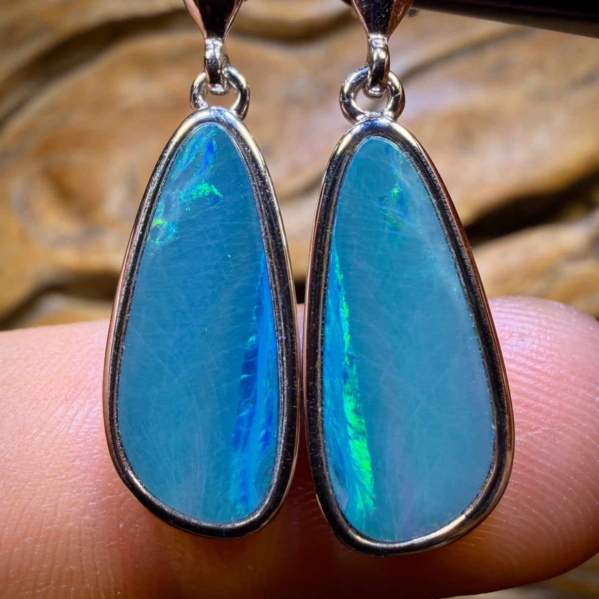 Sterling Silver - Large Australian Boulder Opal Doublet Drop Stud Earrings Blue/Green. BULK LISTING