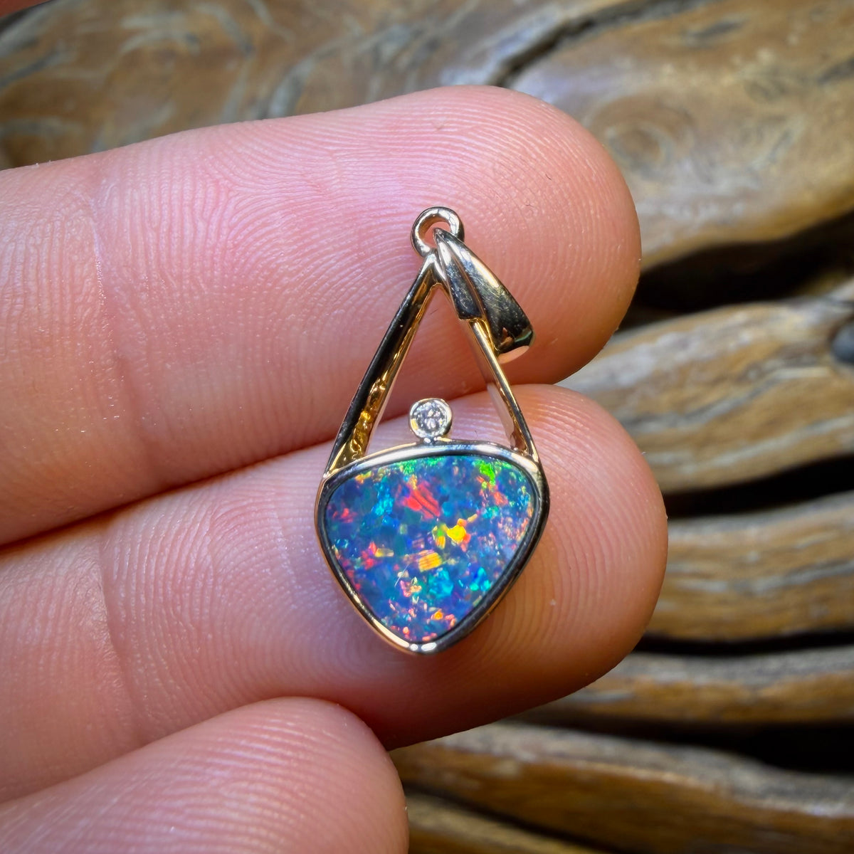 14k Gold - Queensland Boulder Opal Doublet and Diamond Pendant Red