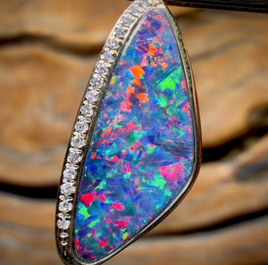 14k Gold - Queensland Boulder Opal Doublet Pendant Top Red Multi Fire with Diamonds New 2026