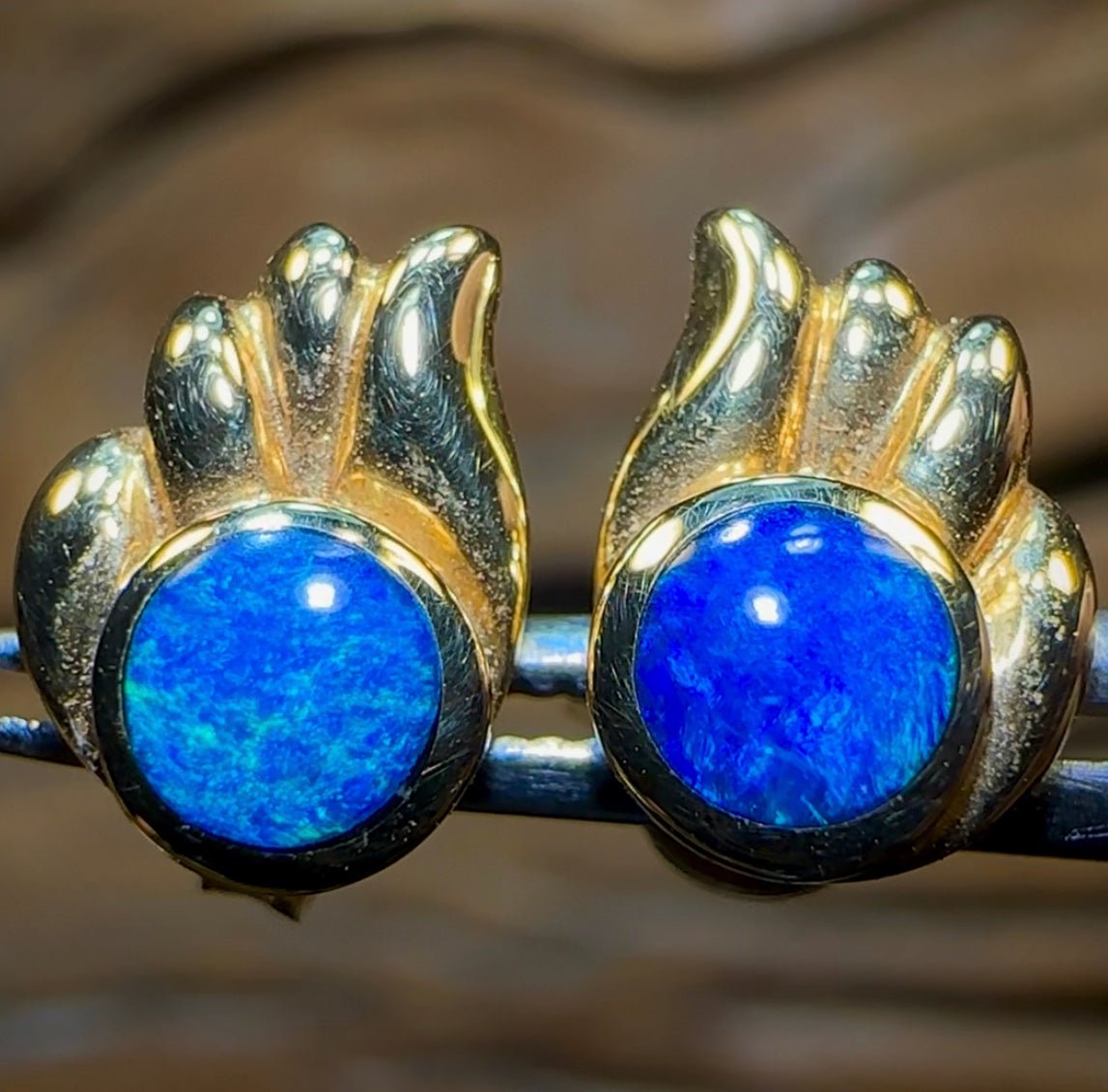 18k Gold - Australian Boulder Opal Doublet Earrings. Old Gold Price - Opal Whisperers