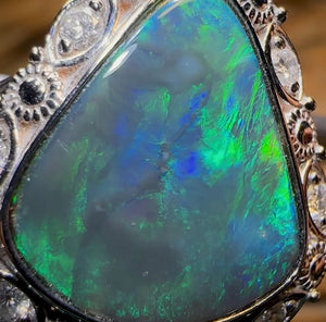 14k White Gold - Solid Lightning Ridge Black Opal Ring