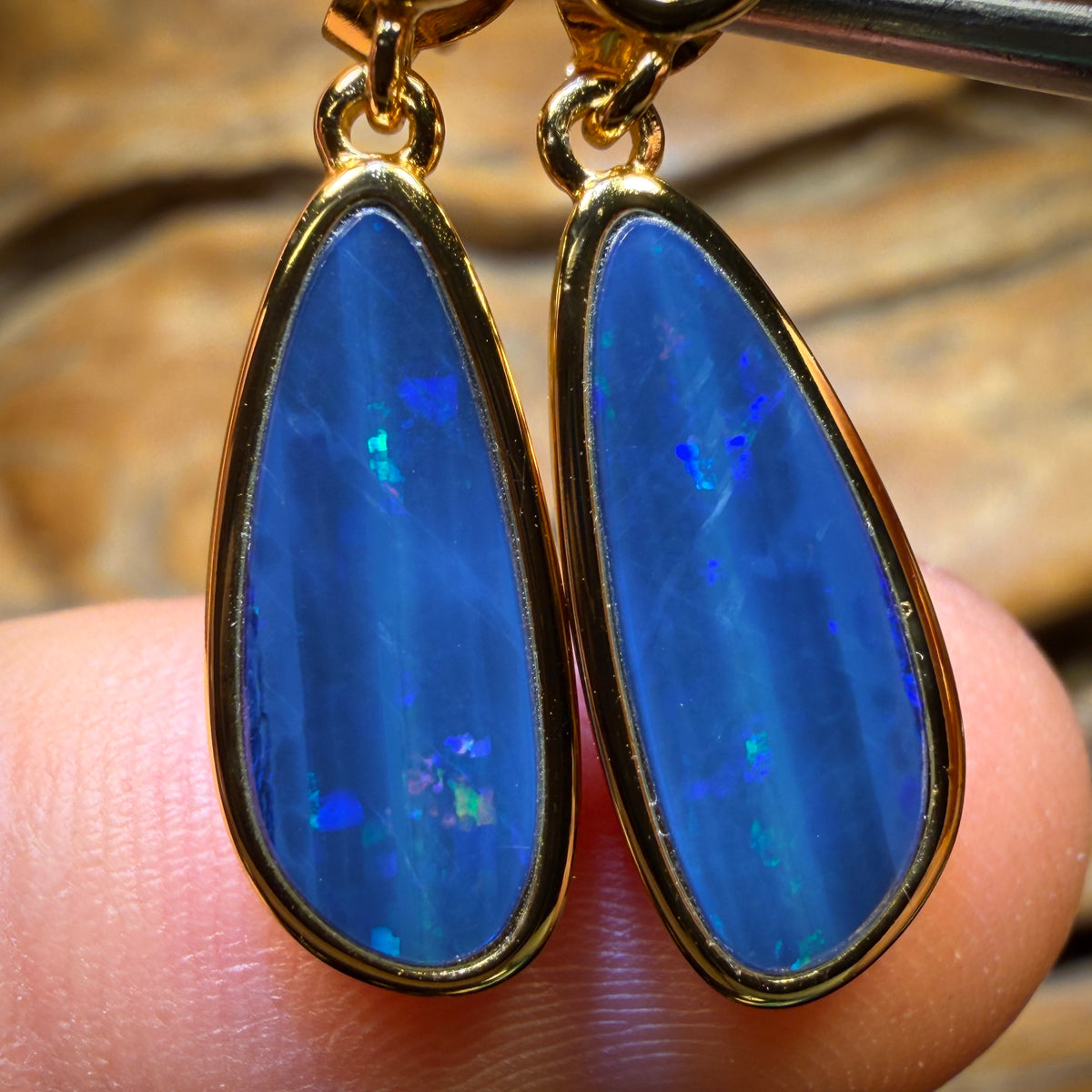 Wild Card! Sterling Silver Gold Plated  - Australian Boulder Opal Doublet Drop Stud Earrings Unique 4 Stone Limited Edition