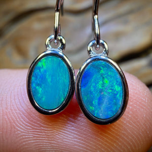 Sterling Silver - Australian Boulder Opal Doublet Hook Earrings Blue/Green. BULK LISTING