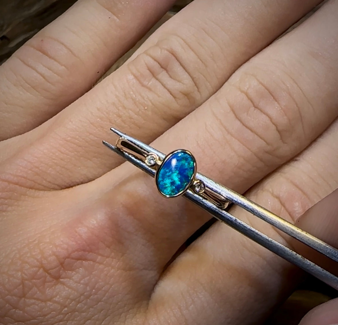 14k Gold - Queensland Boulder Doublet Opal Ring with Diamonds - Opal Whisperers