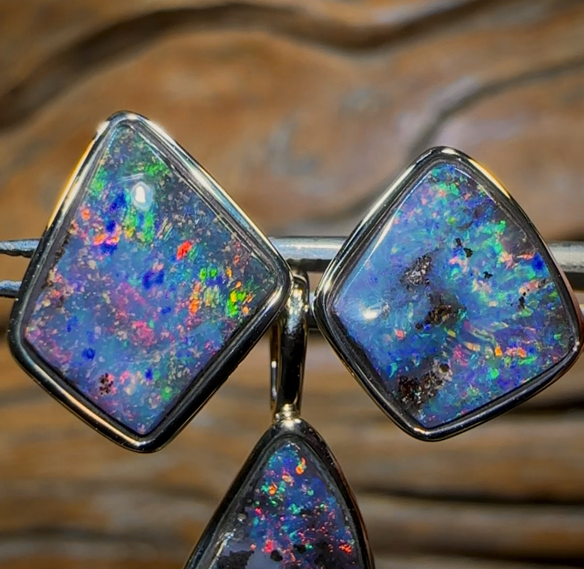 Triple Trouble in 14k Gold - Solid Queensland Boulder Opal Pendant and Earring Set with Fire Red Multicolour
