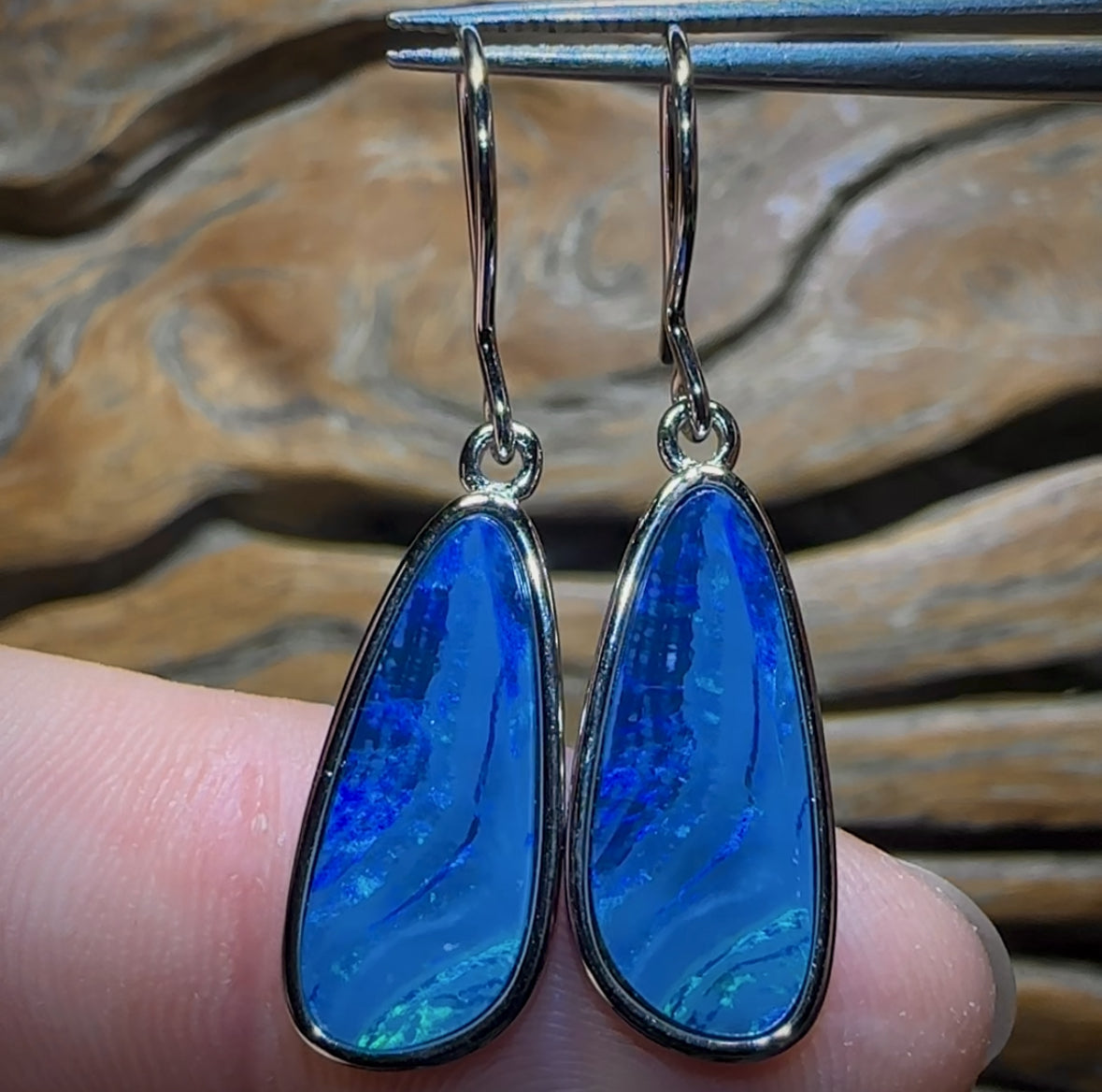Sterling Silver - Large Split Picture Pattern Australian Boulder Opal Doublet Hook Earrings