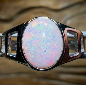 Sterling Silver - TOP South Australian White Opal Ring. Unisex Large Ring Size