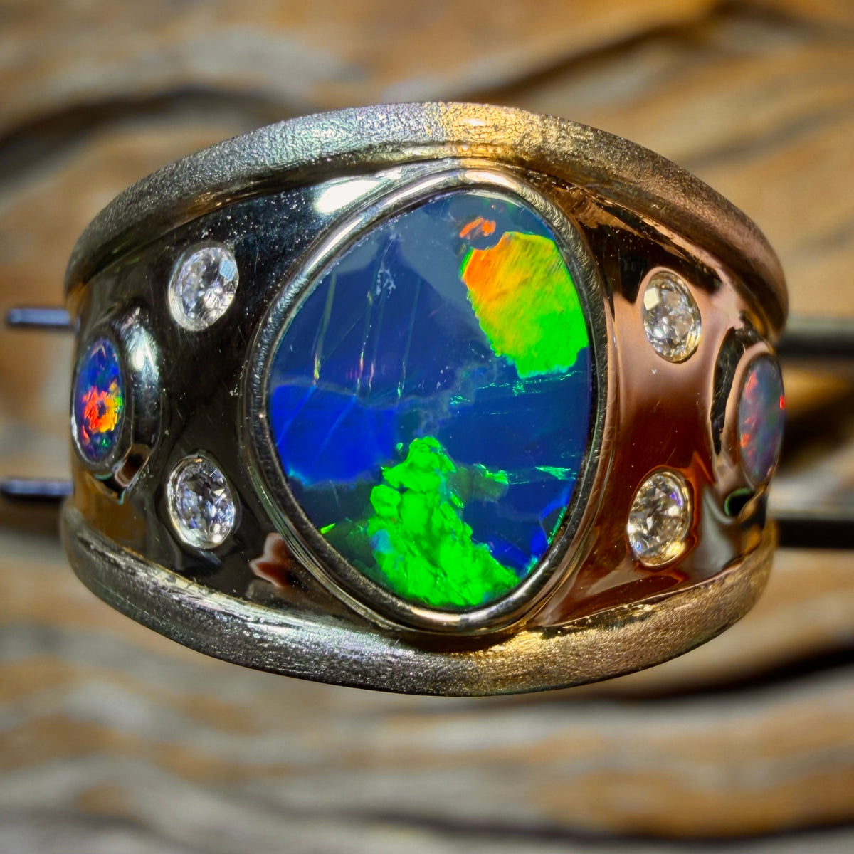 14k Gold - NEW Isaac Design TOP Queensland Boulder UNISEX Opal Doublet and Diamond Ring Harlequin Style Pattern