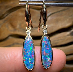 14k Gold - Australian Boulder Opal Doublet and Diamond Hook Earrings - Opal Whisperers