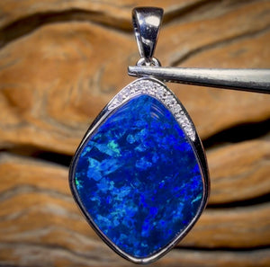 14k White Gold - Large Queensland Boulder Opal Doublet Pendant Top Ming Blue with Diamonds New 2026