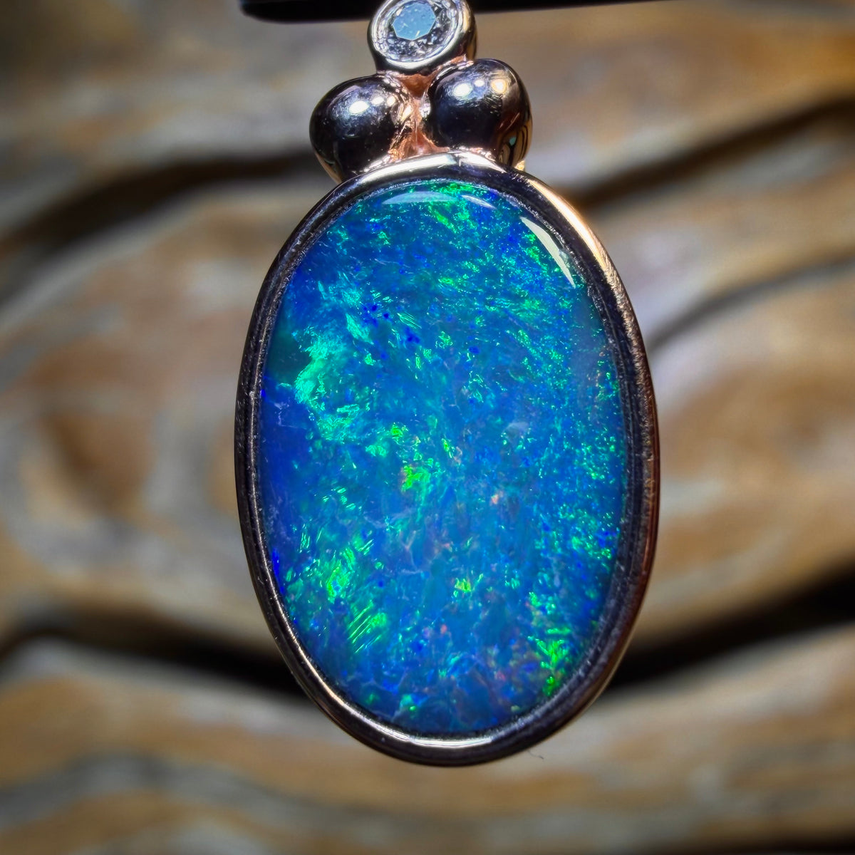 10k Rose Gold - NEW Isaac Design Lightning Ridge Opal Doublet Diamond Pendant