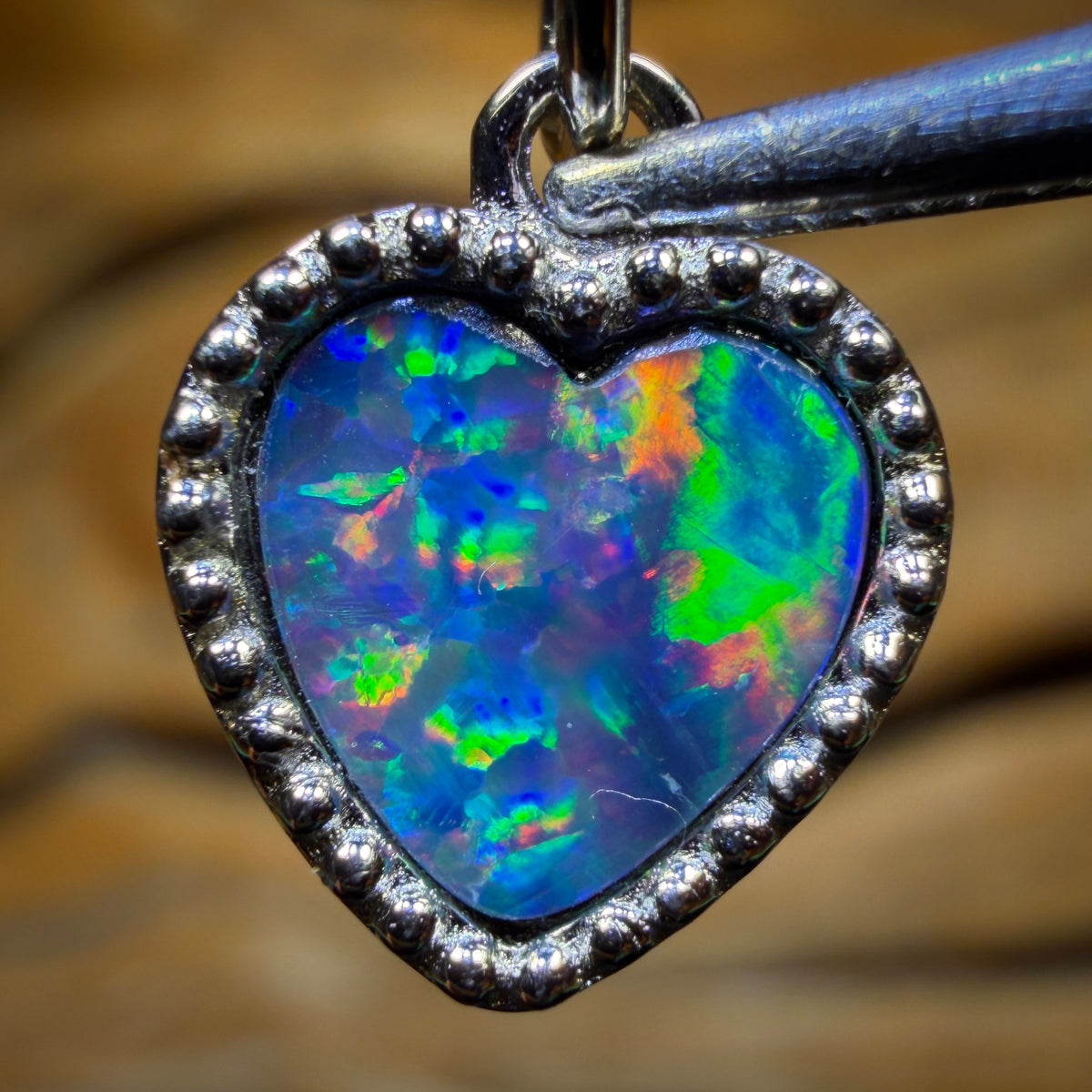 Sterling Silver - “Beading Heart” Queensland Boulder Opal Doublet Pendant. NEW Antique Style Beaded Design