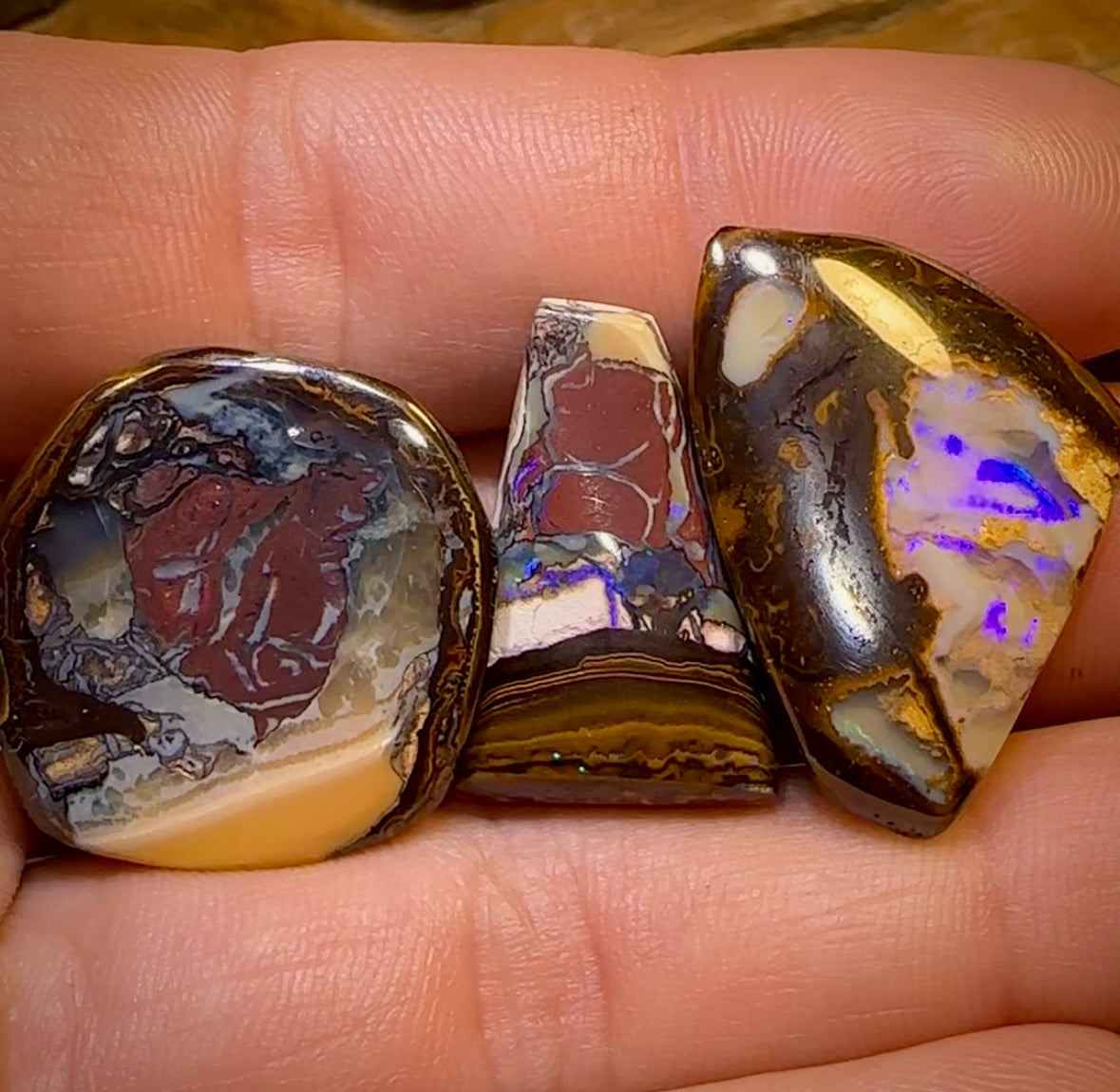 86.1cts - 3x Loose Queensland Boulder Opals With Crystal Centers Wholesale Bargain Parcel