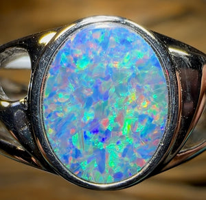 Sterling Silver - Large Unisex Australian Boulder Opal Doublet Ring - Opal Whisperers