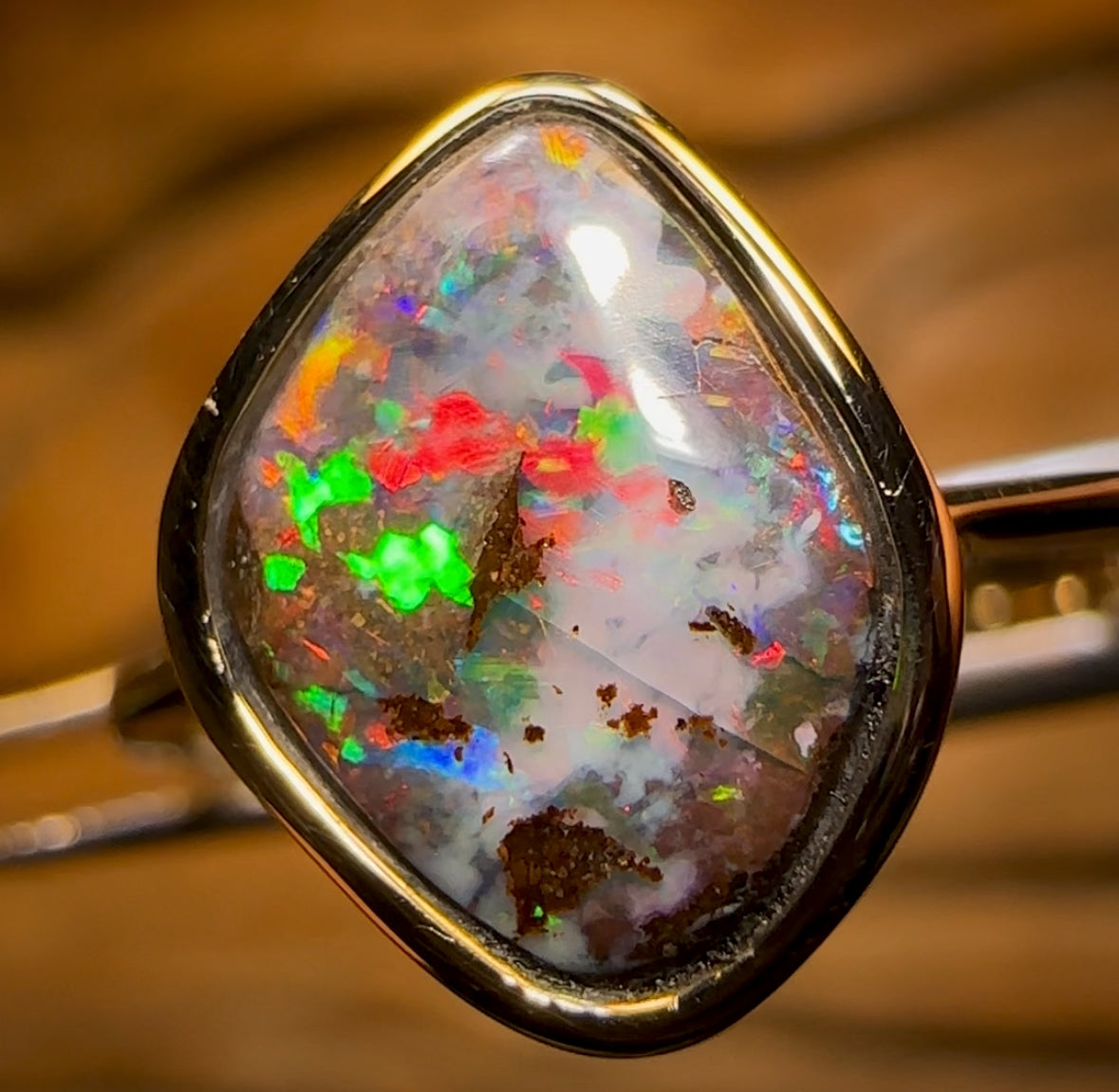 14k Gold - Solid Queensland Boulder Opal Ring With Red Fire