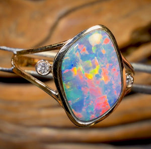 Bague double en or 14 carats - « Jardin fleuri » avec opale boulder du Queensland