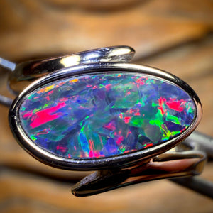 Sterling Silver - Queensland Boulder Opal Doublet Ring Top Top Red Multi