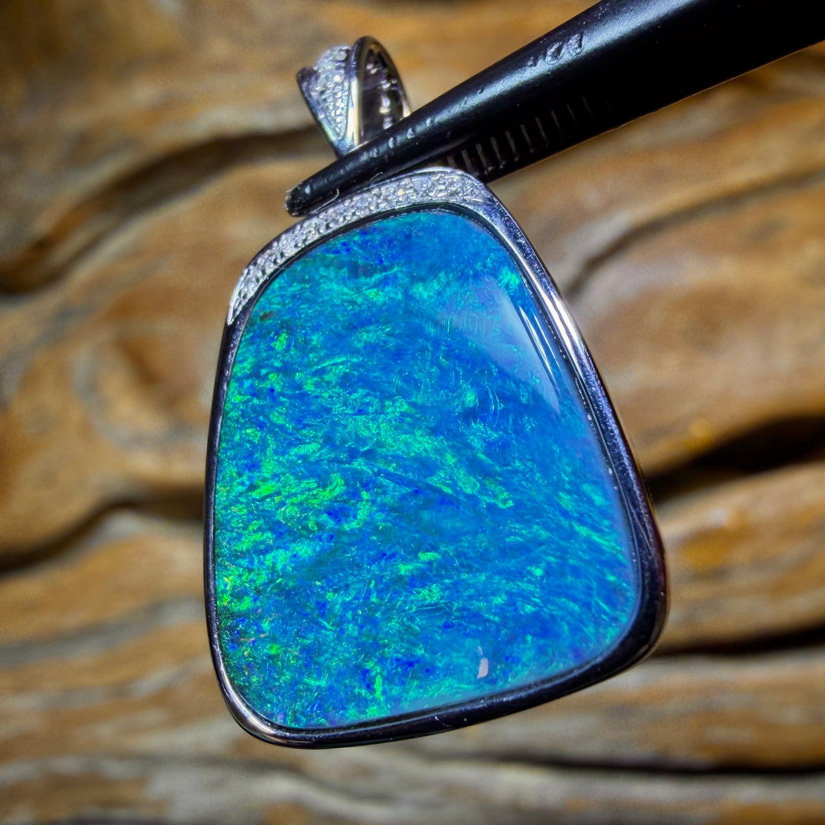 TGIF 10k White Gold - Solid Top Scandinavian Aka Ice Blue, Queensland Boulder Opal Pendant w/ Diamonds
