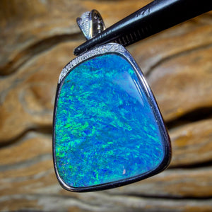 TGIF 10k White Gold - Solid Top Scandinavian Aka Ice Blue, Queensland Boulder Opal Pendant w/ Diamonds