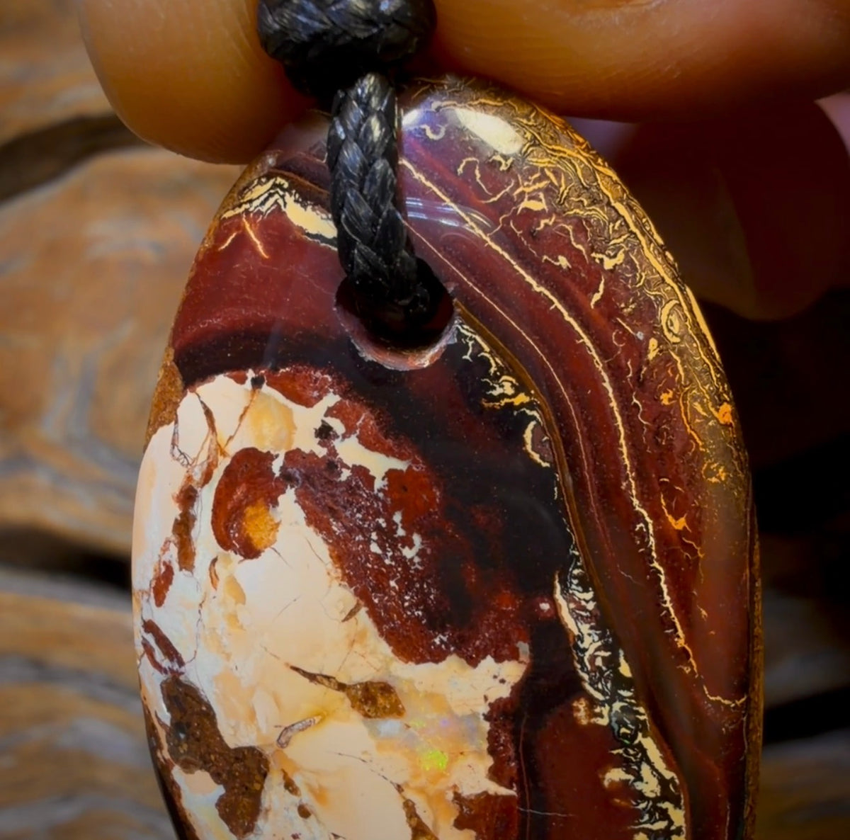 51 x 27mm - Drilled Boulder Opal Picture Stone  Pendant w/ Eco Friendly Vegan Cord