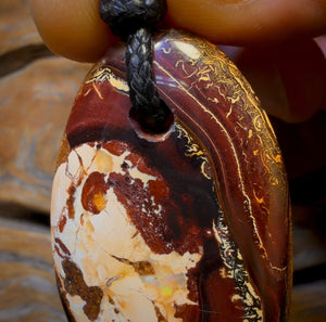51 x 27mm - Drilled Boulder Opal Picture Stone  Pendant w/ Eco Friendly Vegan Cord