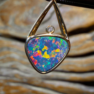 14k Gold - Queensland Boulder Opal Doublet and Diamond Pendant Red