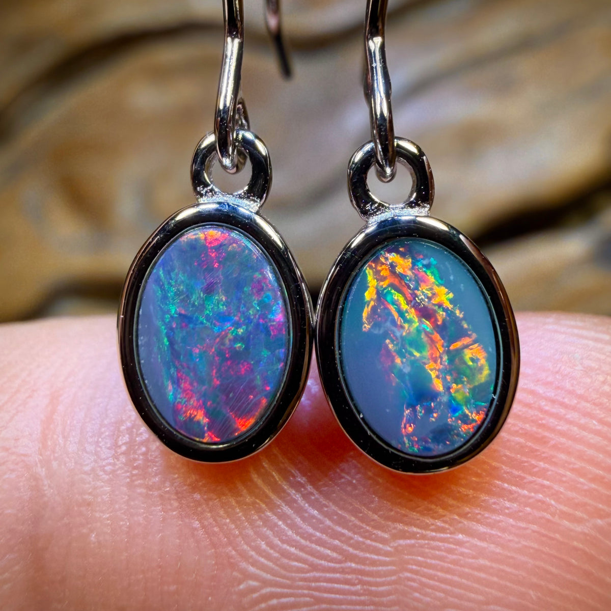 Sterling Silver - Top Australian Boulder Opal Doublet Hook Earrings Red / Multi. BULK LISTING