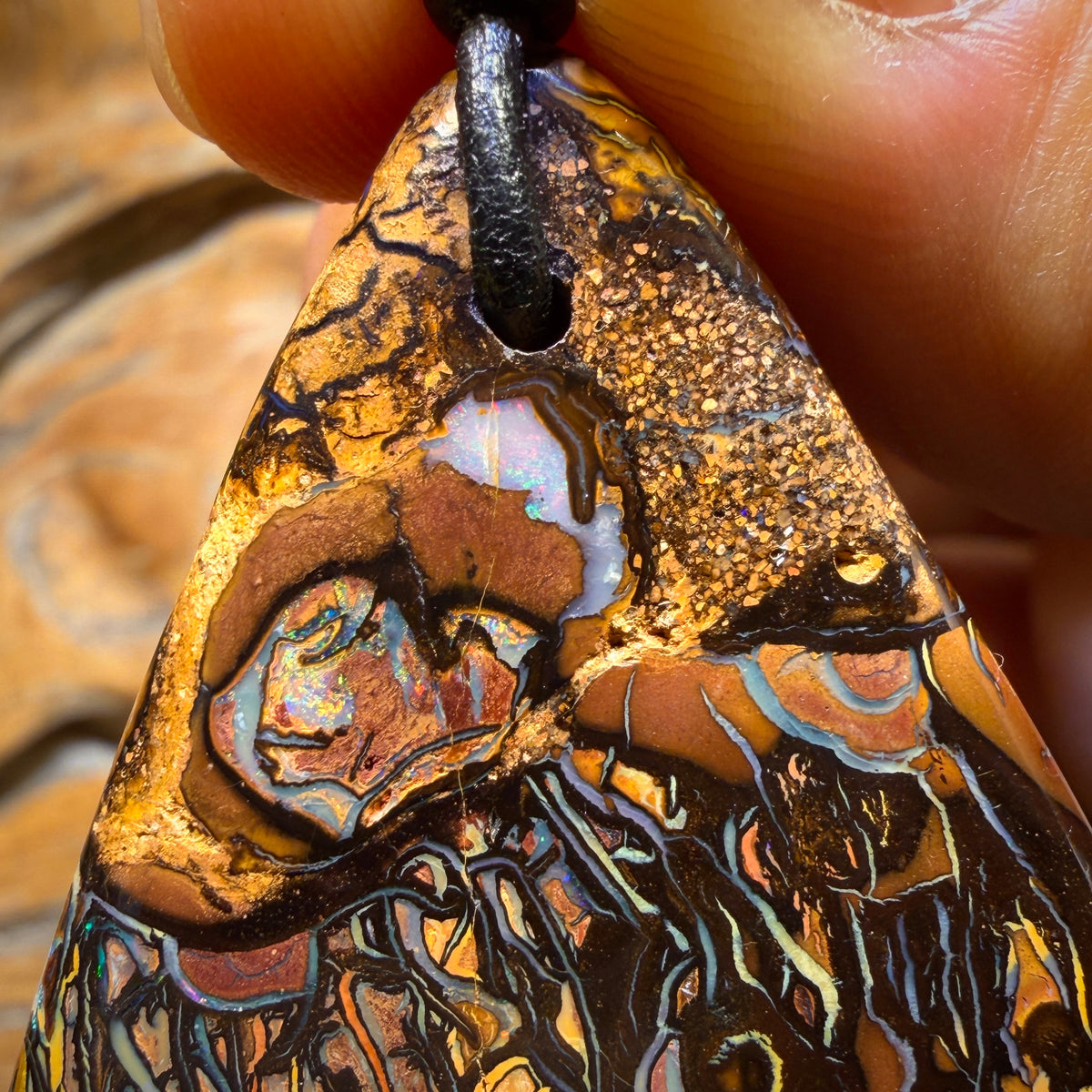 36 x 36mm - Flames Drilled Tribal Queensland Boulder Opal Necklace
