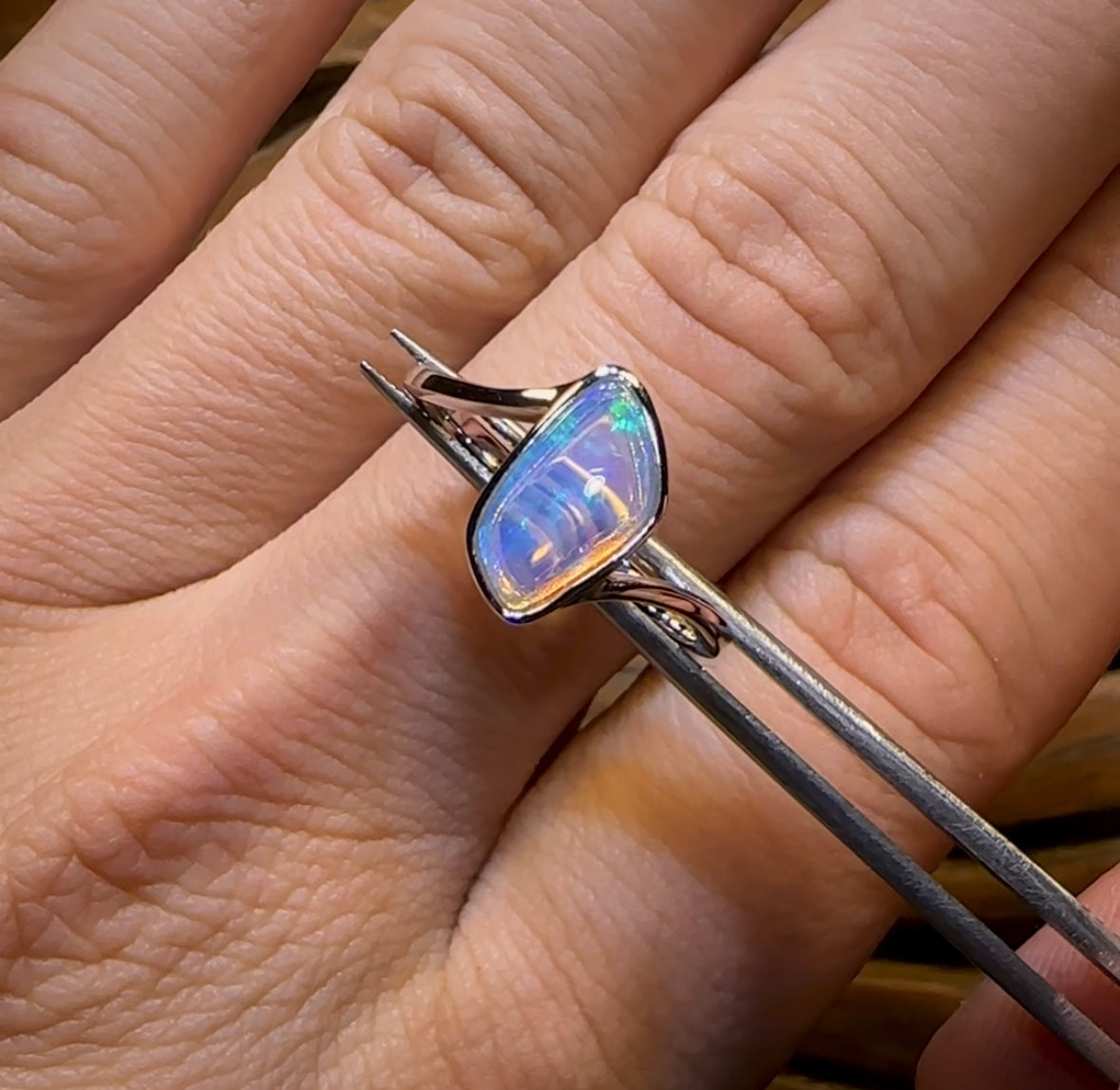 14k White Gold - Solid South Australian Crystal Opal Ring - Opal Whisperers