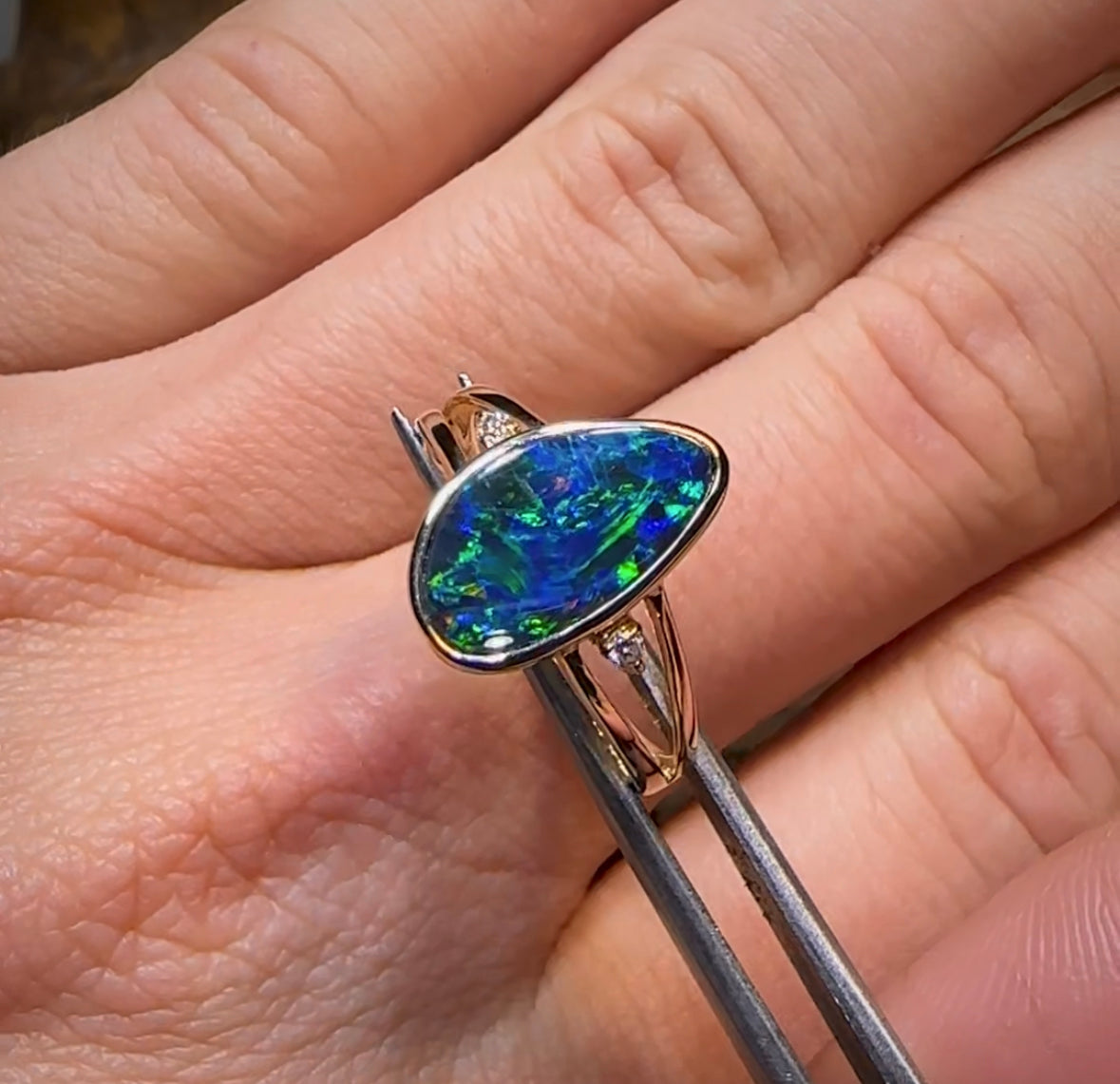 14k Gold - Queensland Boulder Doublet Opal Ring with Diamonds - Opal Whisperers