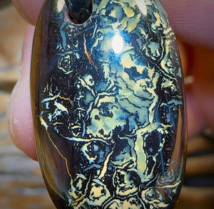 33 x 18mm - Black Tribal Drilled Boulder Opal Pendant w/ Eco Friendly Vegan Cord