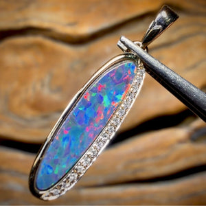 14k Gold - Queensland Boulder Opal Doublet Pendant Top Red Multi Fire with Diamonds New 2026