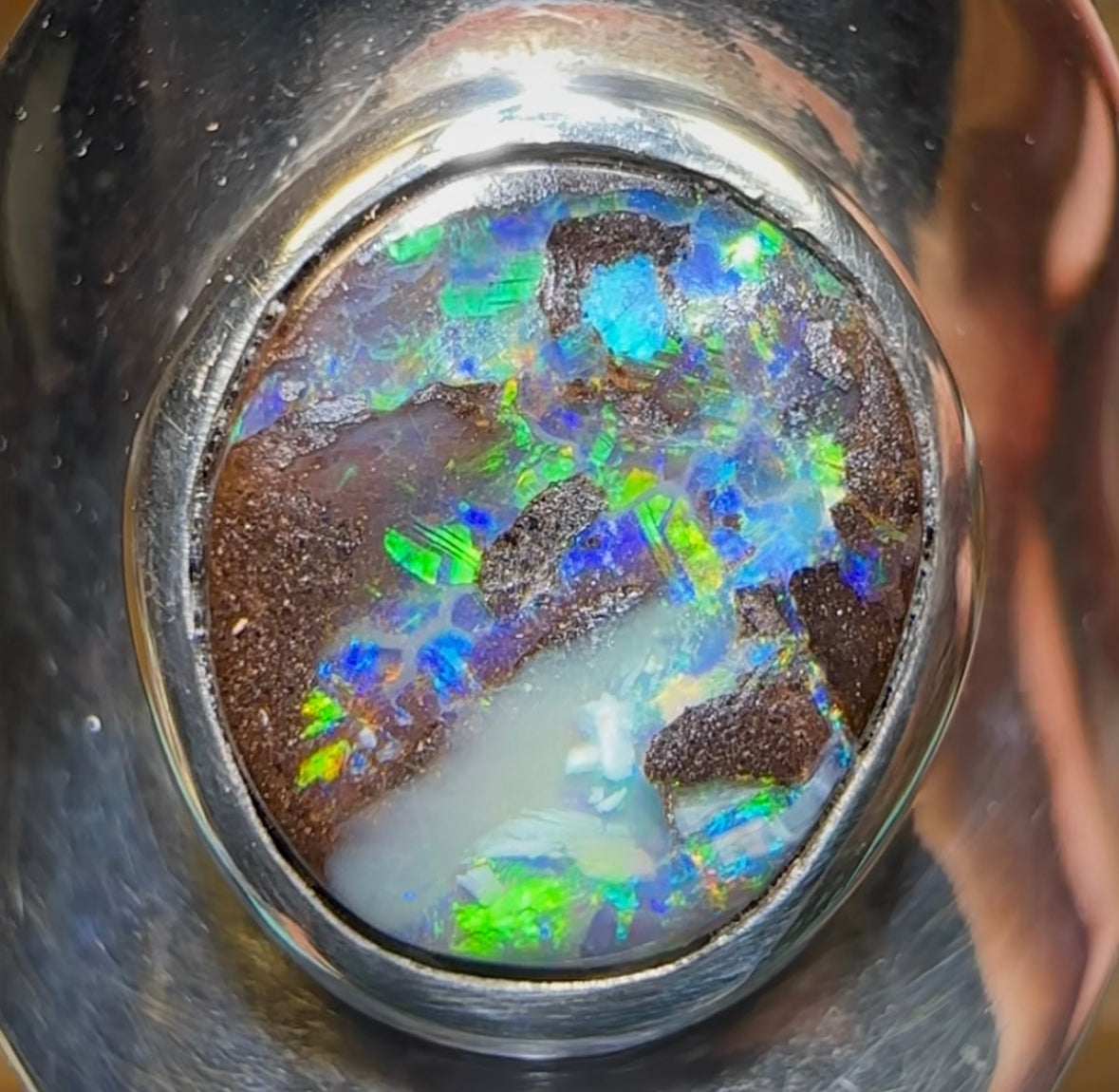 Silver Solid Boulder Australian Opal Ring - Opal Whisperers