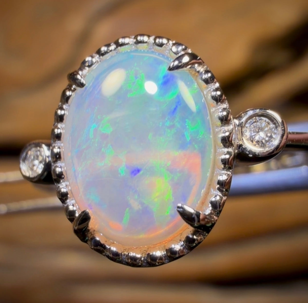 14k White Gold - Solid South Australian Crystal Opal Ring