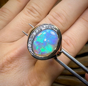 9k Gold - Large Solid Lightning Ridge Crystal Opal Ring with Diamonds Heritage Collection - Opal Whisperers