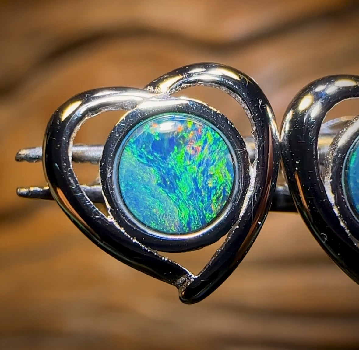 Sterling Silver - Australian Boulder Opal Doublet Heart Stud Earrings Green/Blue. Bulk Listing